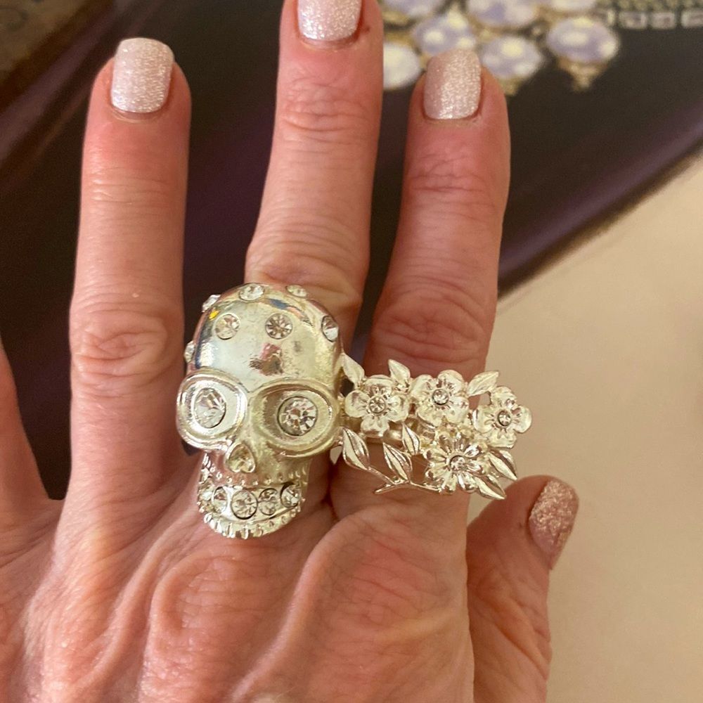 Skull and Flowers Silver Ring